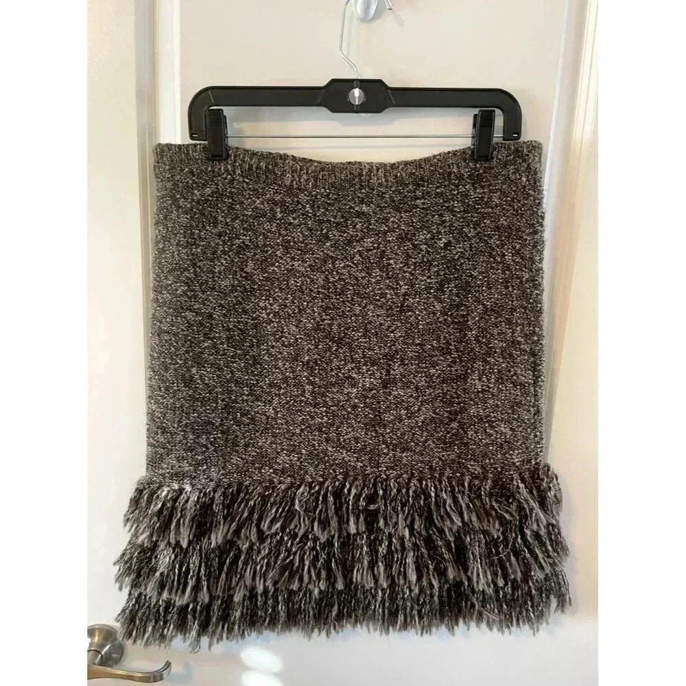 Anthropologie Sparrow Knit Skirt Size L Brown Alpaca Wool Boho Fringe Western